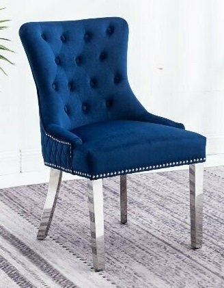 Blue Velvet Dining Chair with Deep Tufting and Lion Knocker - IF-C-1252