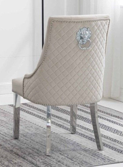 Creme Velvet Dining Chair with Deep Tufting and Lion Knocker - IF-C-1253