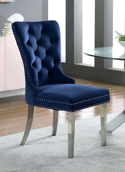 Blue Velvet Dining Chair with Deep Tufting and Chrome Knocker - IF-C-1262