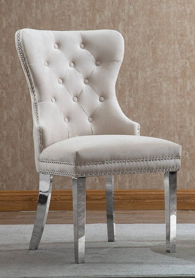 Creme Velvet Dining Chair with Deep Tufting and Chrome Knocker - IF-C-1263