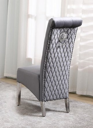 Grey Velvet Dining Chair with Lion Knocker and Chrome Legs - IF-C-1270
