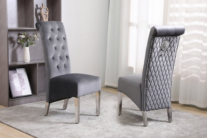 Grey Velvet Dining Chair with Lion Knocker and Chrome Legs - IF-C-1270