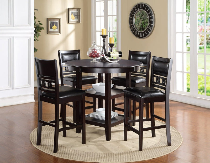 Dominique Dining Set in Espresso Solid Wood with Counter Height Table and Ebony Leatherette Chairs - AFD-Gia-5Pcs-E-Pub