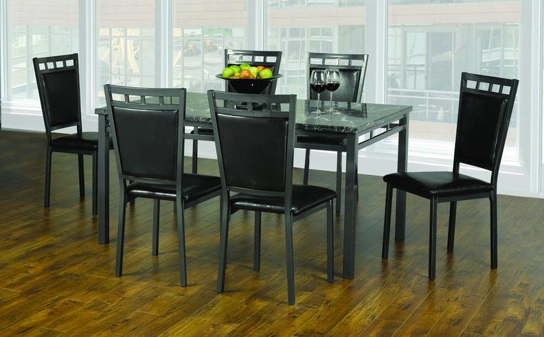 7 Piece Faux Marble Table Top and Black Cushion Seats with Gun Metal Legs - IF-T-1240-C-1241