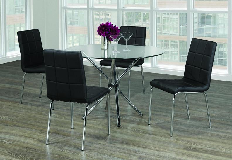 Glass Top Table with Twisting Chrome Legs and Black Upholstered Chairs with Squared Design - IF-T-1430-C-1760