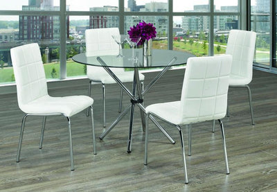 Glass Top Table with Twisting Chrome Legs and White Upholstered Chairs with Squared Design - IF-T-1430-C-1761