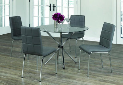 Glass Top Table with Twisting Chrome Legs and Grey Upholstered Chairs with Squared Design - IF-T-1430-C-1762