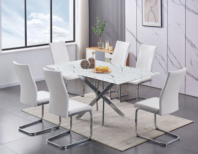 Wider Tempered White Marble Glass Table Top With White Hover Chairs - IF-T-1442-C-1878