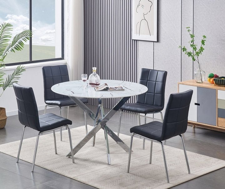 Tempered White Marble Glass Table Top With Chrome Legs and Black Checkered Chairs - IF-T-1445-C-1760