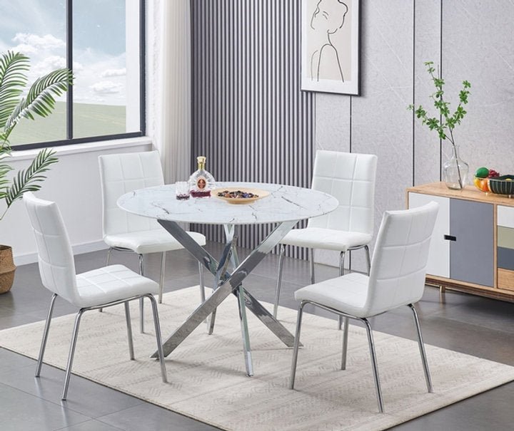 Tempered White Marble Glass Table Top With Chrome Legs and White Checkered Chairs - IF-T-1445-C-1761