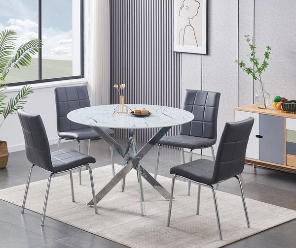 Tempered White Marble Glass Table Top With Chrome Legs and Grey Checkered Chairs - IF-T-1445-C-1762