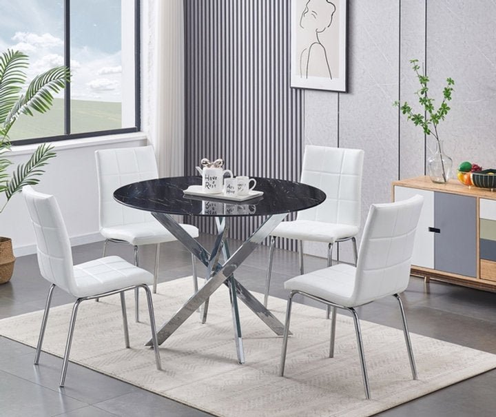 Tempered Black Marble Glass Table Top With Chrome Legs and White Checkered Chairs - IF-T-1446-C-1761