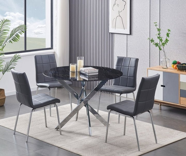 Tempered Black Marble Glass Table Top With Chrome Legs and Grey Checkered Chairs - IF-T-1446-C-1762