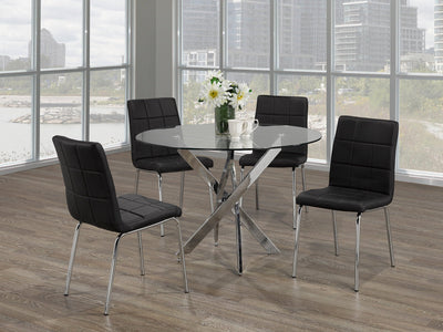 Round Glass Dining Set with Swiveled Chrome Legs and Black Checkered Chairs - IF-T-1447-C-1760-5PCS