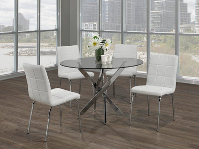 Round Glass Dining Set with Swiveled Chrome Legs and White Checkered Chairs - IF-T-1447-C-1761-5PCS