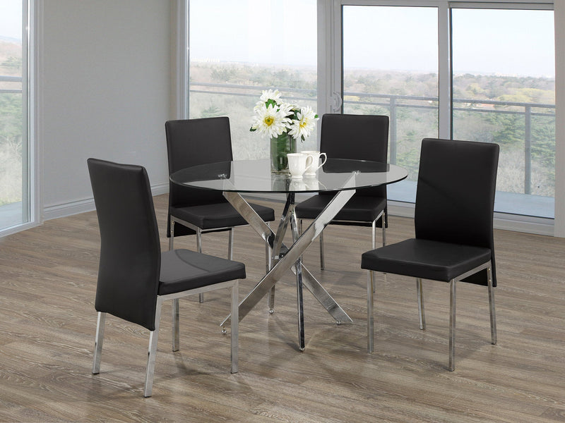 Round Glass Dining Set with Swiveled Chrome Legs and Black PU Chairs - IF-T-1447-C-5063-5PCS