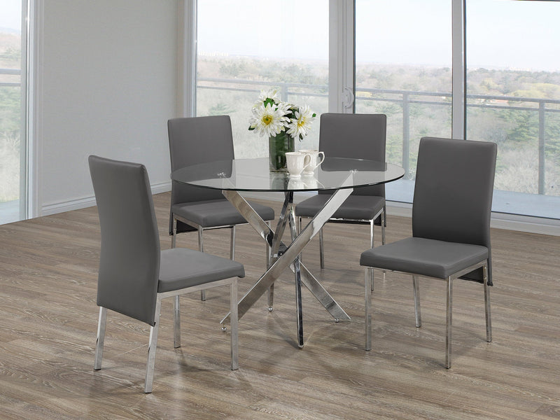 Round Glass Dining Set with Swiveled Chrome Legs and Grey PU Chairs - IF-T-1447-C-5065-5PCS