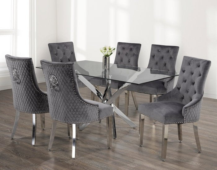 Glass Table With Swiveled Chrome Legs and Grey Velvet Dining Chairs with Lion Knocker - IF-T-1448-C-1250-7PCS