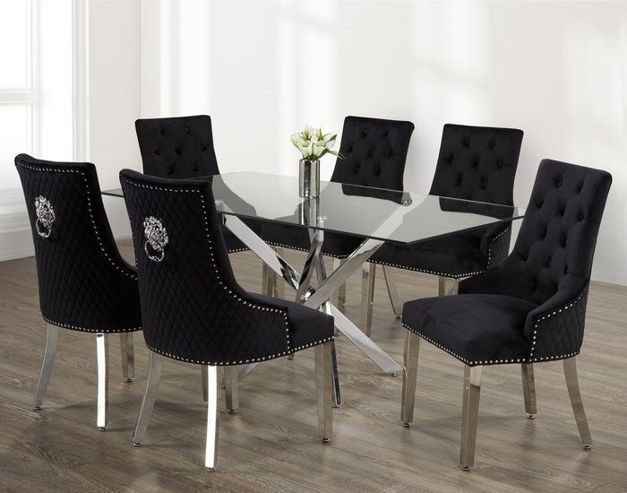 Glass Table With Swiveled Chrome Legs and Black Velvet Dining Chairs with Lion Knocker - IF-T-1448-C-1251-7PCS