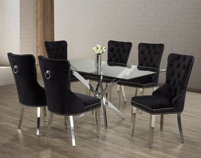 Glass Table With Swiveled Chrome Legs and Black Velvet Dining Chairs with Chrome Knocker - IF-T-1448-C-1261-7PCS