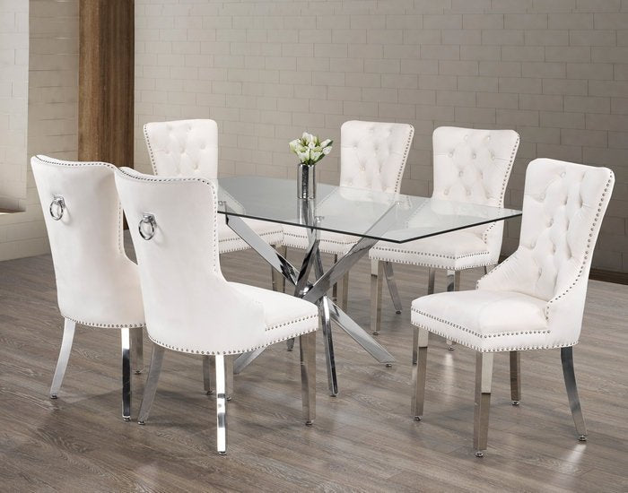 Glass Table With Swiveled Chrome Legs and Creme Velvet Dining Chairs with Chrome Knocker - IF-T-1448-C-1263-7PCS