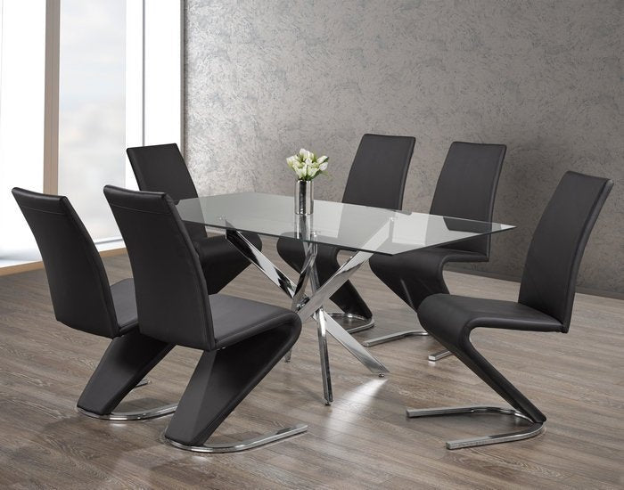 Glass Table With Swiveled Chrome Legs and Black ‘Z’ Shaped Dining Chairs - IF-T-1448-C-1785-7PCS