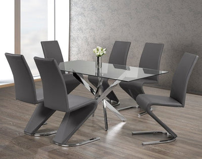 Glass Table With Swiveled Chrome Legs and Grey ‘Z’ Shaped Dining Chairs - IF-T-1448-C-1787-7PCS