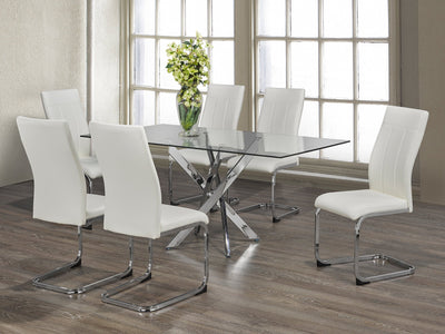 7 Piece Glass Dining Set with Swiveled Chrome Legs and White PU Chairs - IF-T-1448-C-1878-7PCS