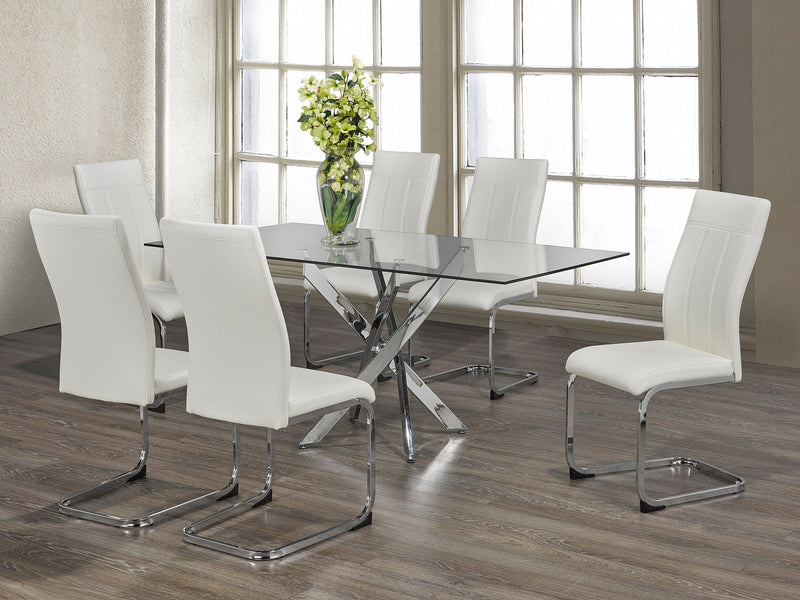 7 Piece Glass Dining Set with Swiveled Chrome Legs and White PU Chairs - IF-T-1448-C-1878-7PCS