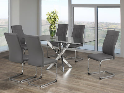 7 Piece Glass Dining Set with Swiveled Chrome Legs and Grey PU Chairs - IF-T-1448-C-1879-7PCS