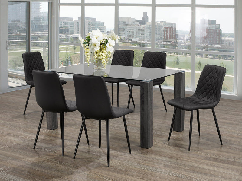7 Piece Glass Dining Set with Grey Wooden Legs and Black Diamond Patterned Chairs - IF-T-1449-C-1710-7PCS
