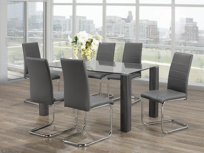 7 Piece Glass Dining Set with Grey Wooden Legs and Grey PU Chairs - IF-T-1449-C-1873-7PCS