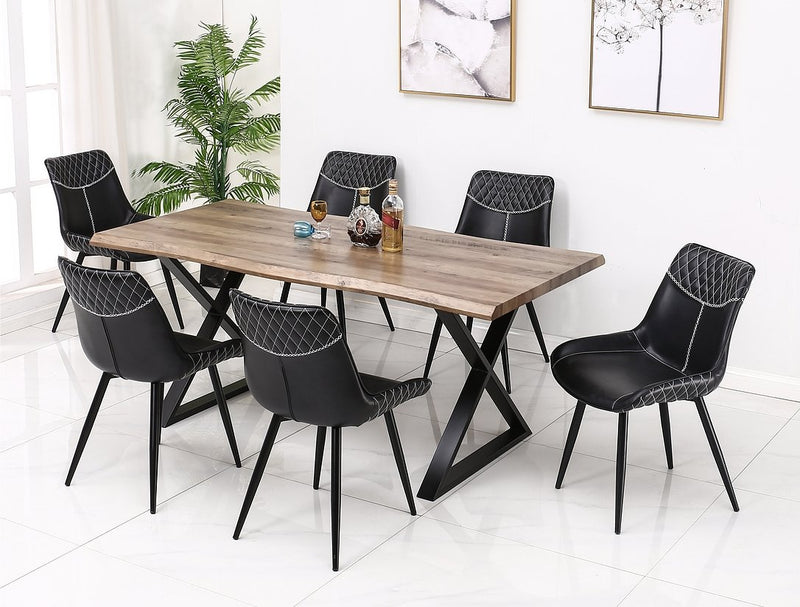 Faux Live Edge Wood Dining Table with Black PU Chairs - IF-T-1811-C-1826-7PCS