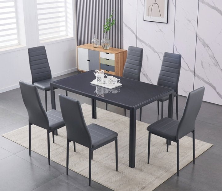 7 Piece Grey Tempered Glass Dining Table With Grey Leather Tapered Chairs - IF-T-5051-C-5051
