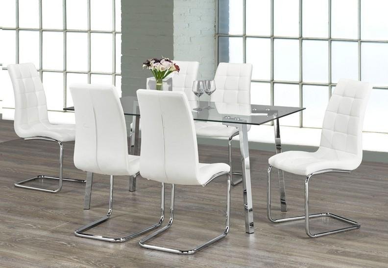 Clear Glass Table Top With Chrome Legs and White Upholstered Chairs - IF-T-5057-C-1751