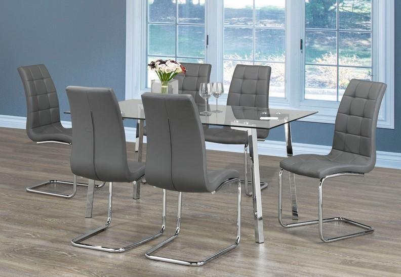 Clear Glass Table Top With Chrome Legs and Grey Upholstered Chairs - IF-T-5057-C-1752