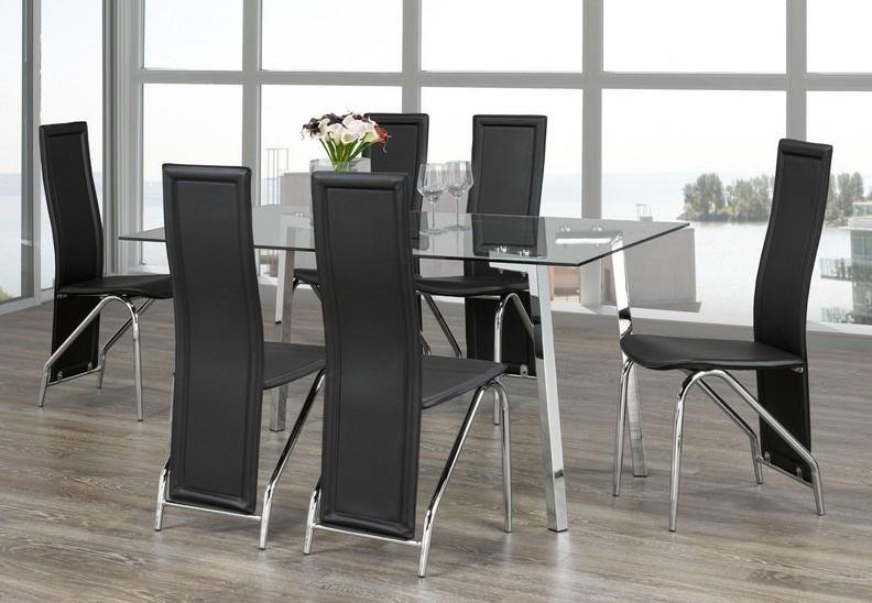 Clear Glass Table Top With Chrome Legs and Black Plain-Back Leatherette Chairs - IF-T-5057-C-5070