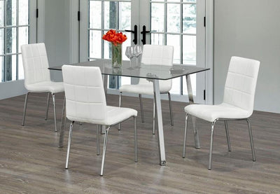 Compact Clear Glass Table Top With Chrome Legs and 4 Legged White Upholstered Chairs - IF-T-5065-C-1761