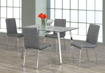 Compact Clear Glass Table Top With Chrome Legs and 4 Legged Grey Upholstered Chairs - IF-T-5065-C-1762