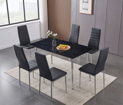 7 Piece Black Marble Glass Dining Table With Black Horizontally Stitched Chairs - IF-T-5090-C-5091