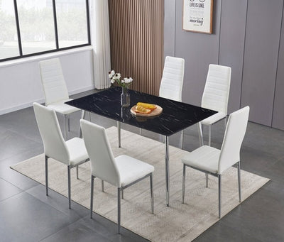 7 Piece Black Marble Glass Dining Table With White Horizontally Stitched Chairs - IF-T-5090-C-5092