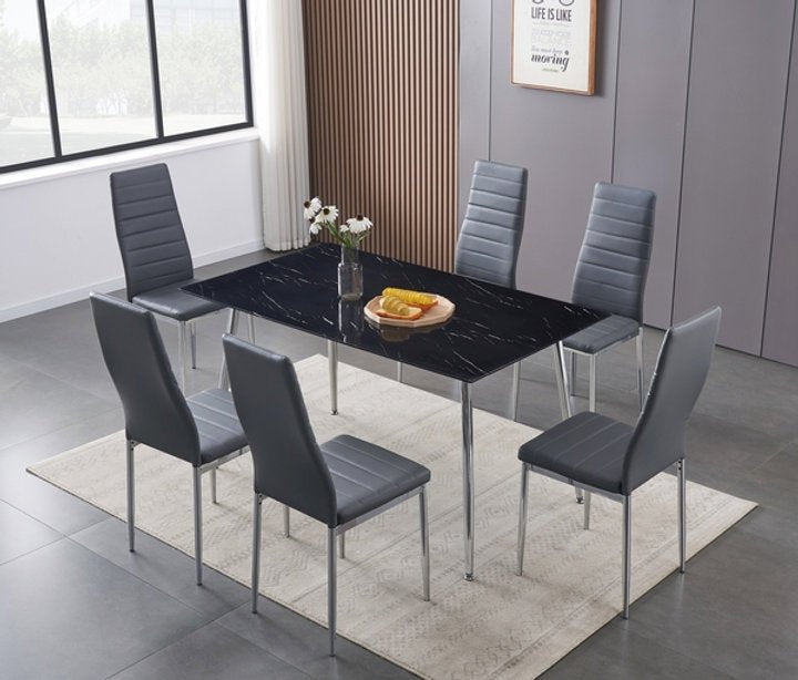 7 Piece Black Marble Glass Dining Table With Grey Horizontally Stitched Chairs - IF-T-5090-C-5093