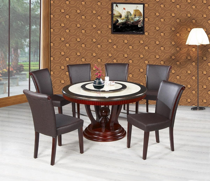 7pcs Real Marble Top Dining Set with Brown Chairs and Lazy Susan - ME-D1235