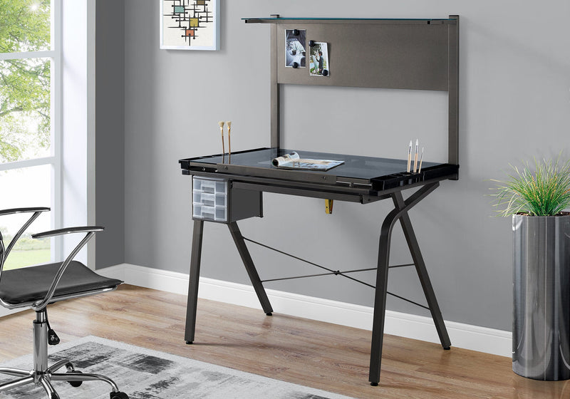 Drafting Table - Adjustable / Grey Metal / Tempered Glass - I 7034