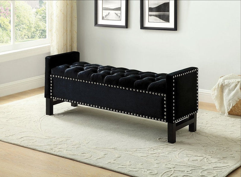 Decked Out Storage Bench In Black Velvet Fabric With Nailhead Trim - IF-6401