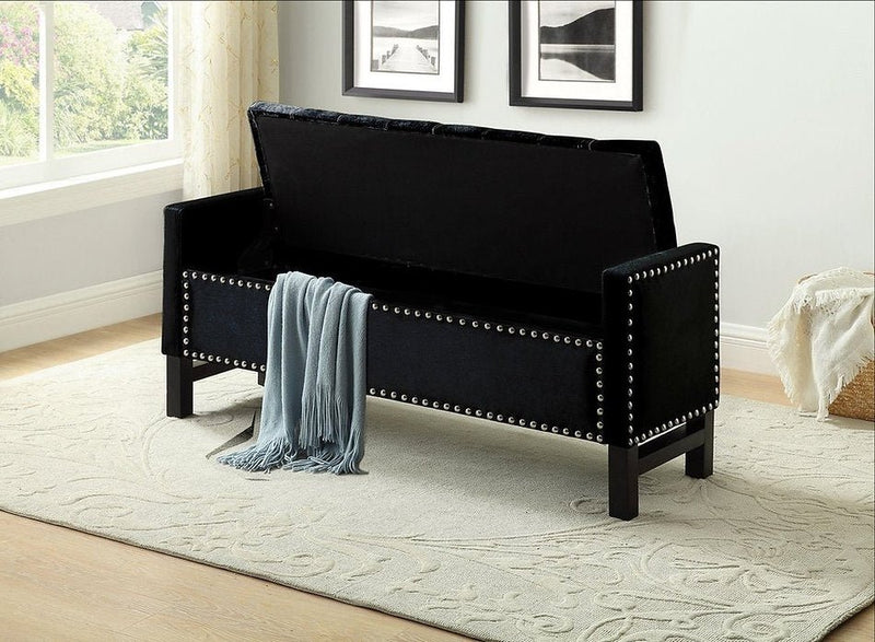 Decked Out Storage Bench In Black Velvet Fabric With Nailhead Trim - IF-6401