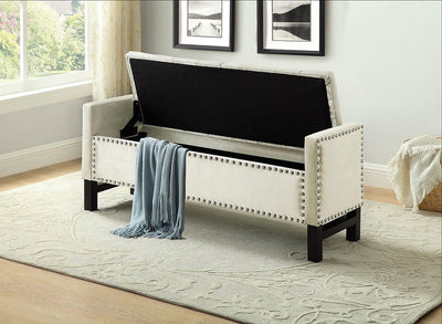 Decked Out Storage Bench In Creme Velvet Fabric With Nailhead Trim - IF-6402