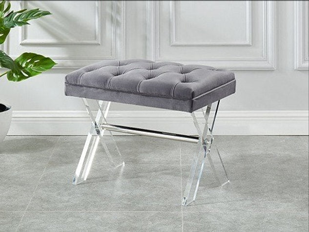 Grey Velvet Topped Bench With X-Acrylic Legs - IF-6420