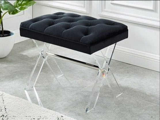Black Velvet Topped Bench With X-Acrylic Legs - IF-6421