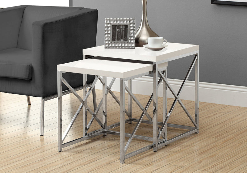 Nesting Table - 2Pcs Set / Glossy White / Chrome Metal - I 3025